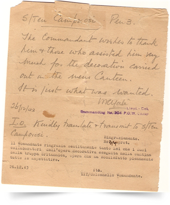 Ringraziamento del comandante inglese per la decorazione della mensa inglese-26 dicembre 1943